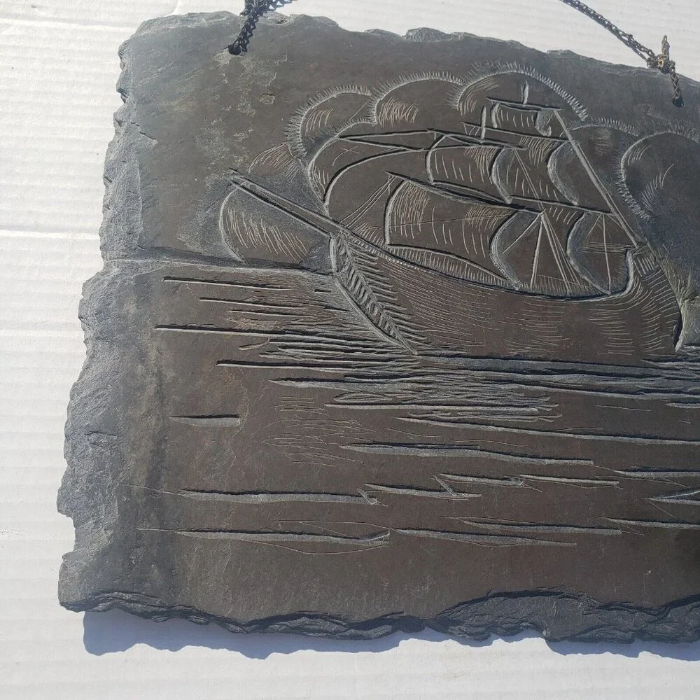 Vintage Slate Etching Ship Sail Boat Sailing‎ Vessel Barque Schooner Nautical